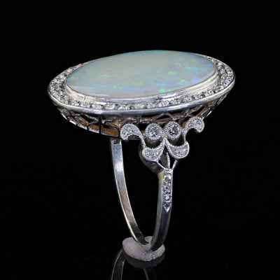 Antique French Belle Epoque Platinum Natural Opal Diamond Cocktail Ring