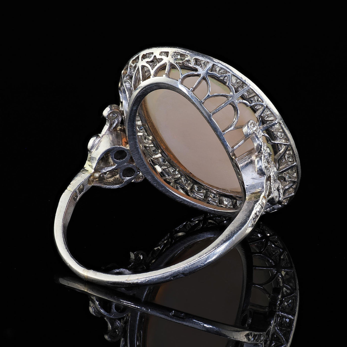 Antique French Belle Epoque Platinum Natural Opal Diamond Cocktail Ring