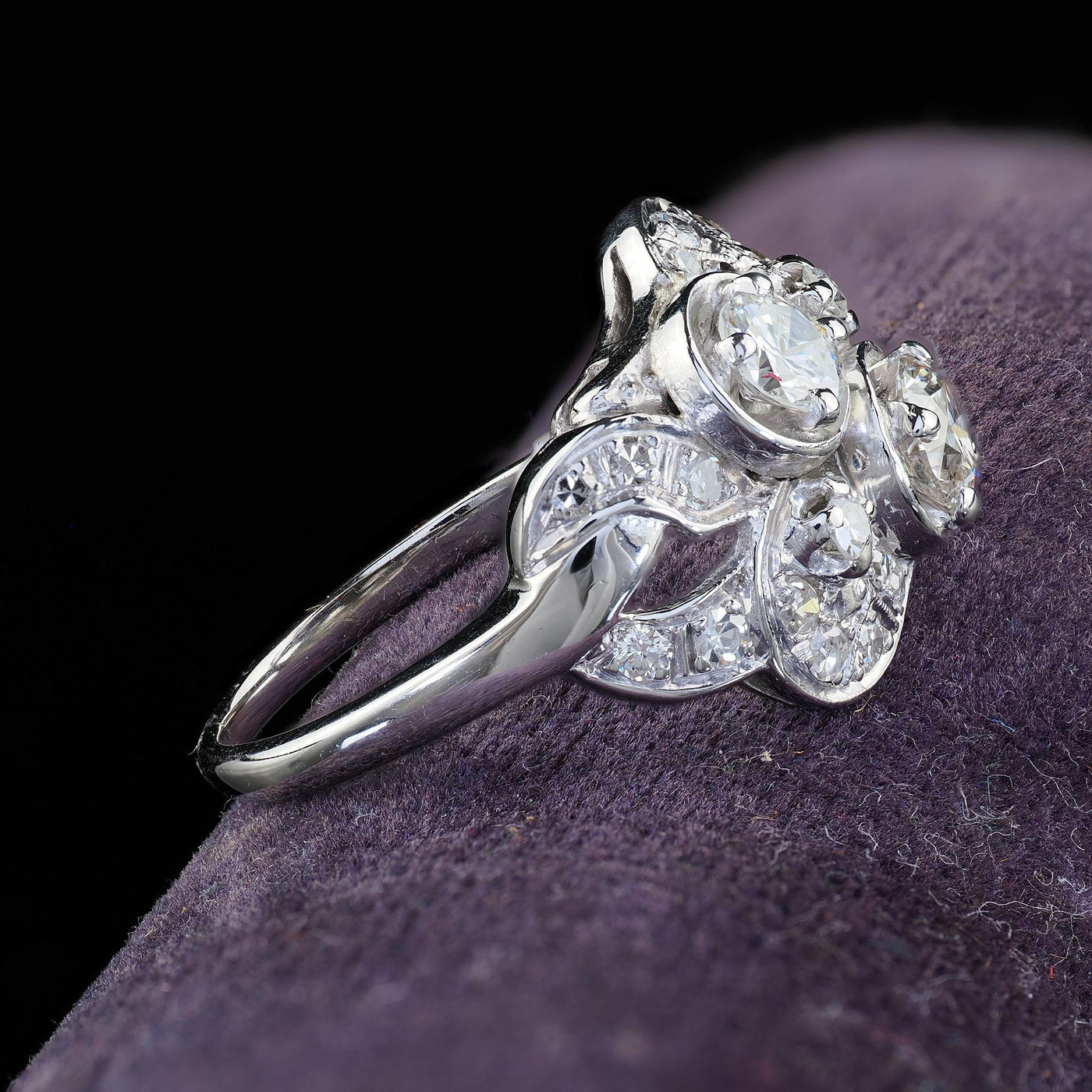 Vintage Estate 14K White Gold Old Cut Diamond Cocktail Ring