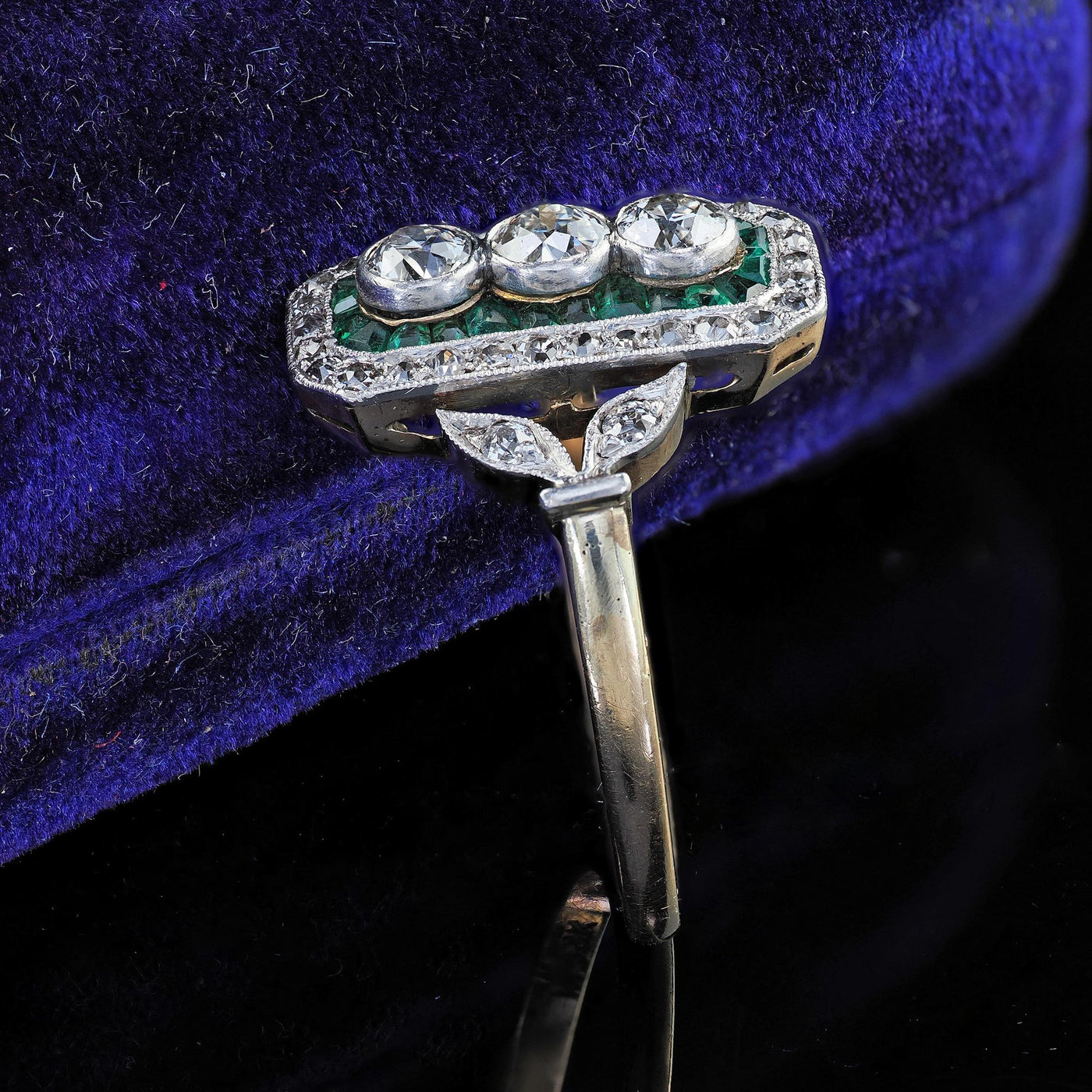 Antique Edwardian 14K Gold and Platinum Old Cut Diamond Emerald Shield Ring