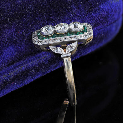 Antique Edwardian 14K Gold and Platinum Old Cut Diamond Emerald Shield Ring