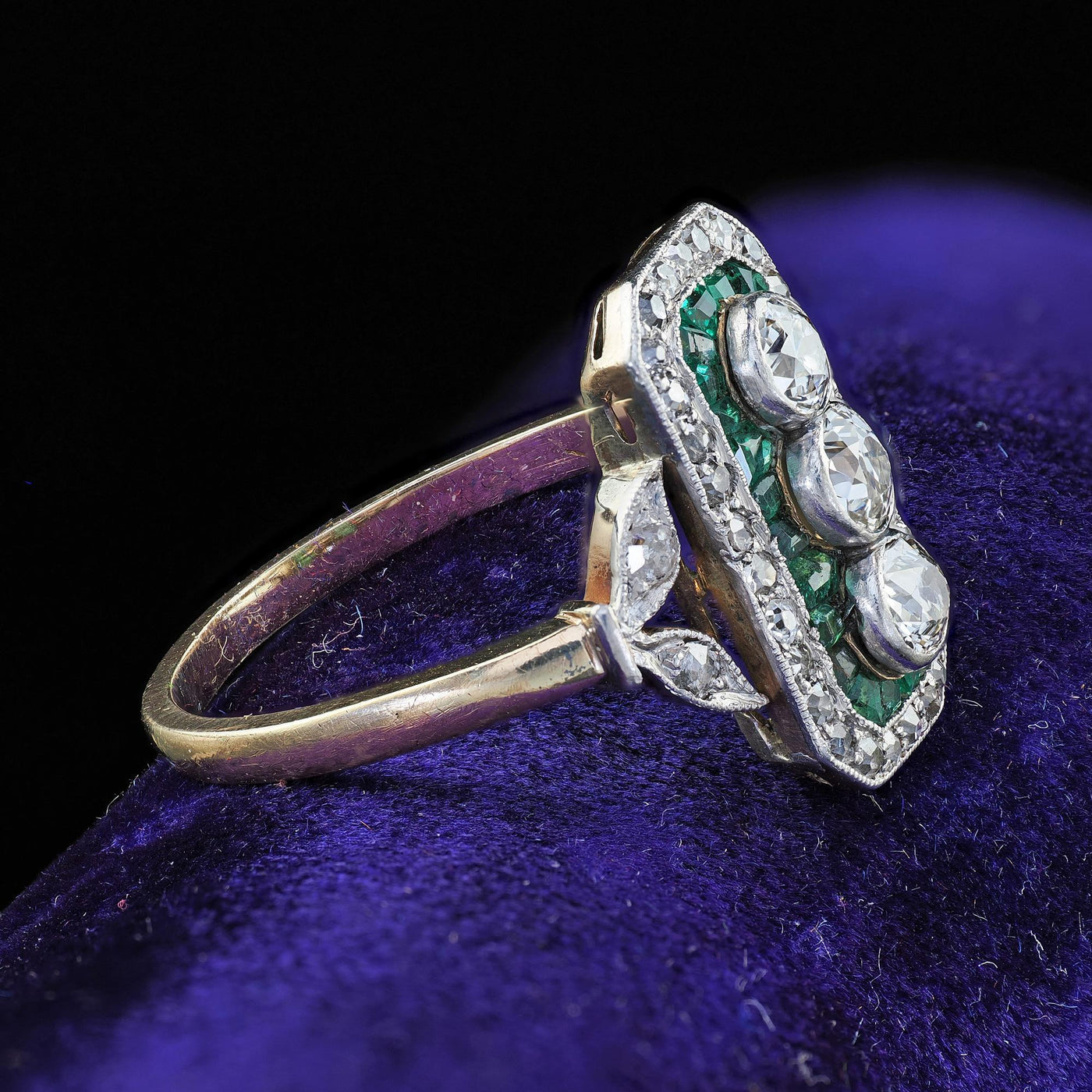 Antique Edwardian 14K Gold and Platinum Old Cut Diamond Emerald Shield Ring