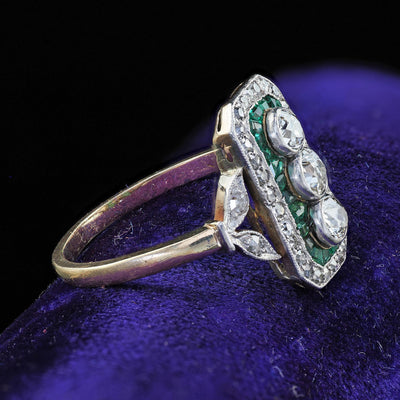 Antique Edwardian 14K Gold and Platinum Old Cut Diamond Emerald Shield Ring