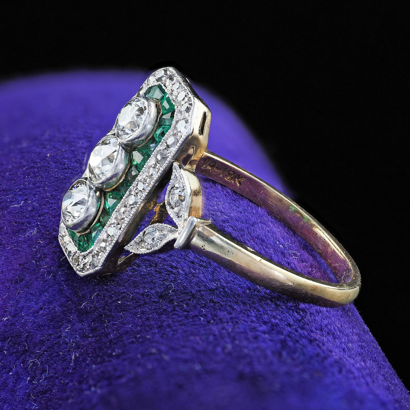 Antique Edwardian 14K Gold and Platinum Old Cut Diamond Emerald Shield Ring