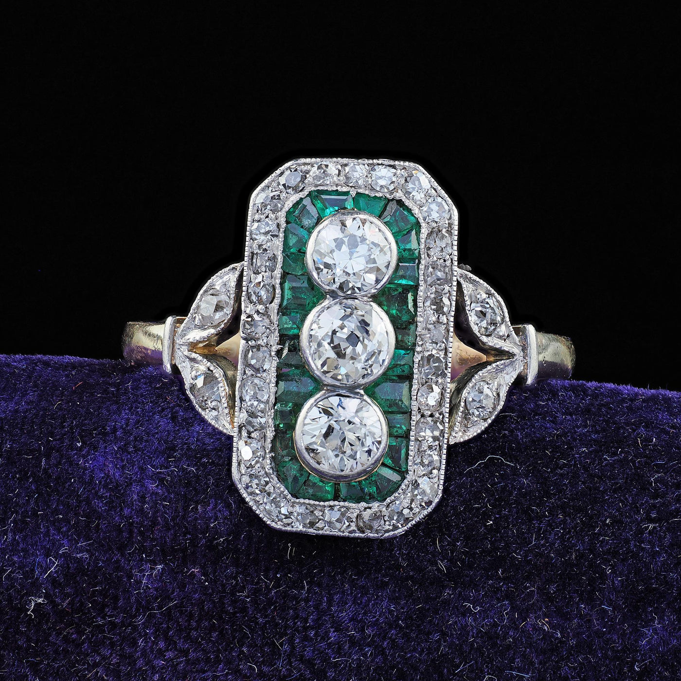 Antique Edwardian 14K Gold and Platinum Old Cut Diamond Emerald Shield Ring