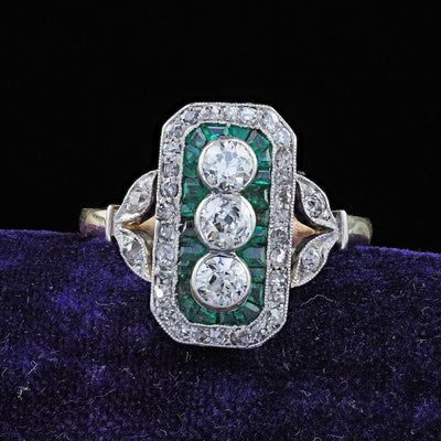 Antique Edwardian 14K Gold and Platinum Old Cut Diamond Emerald Shield Ring