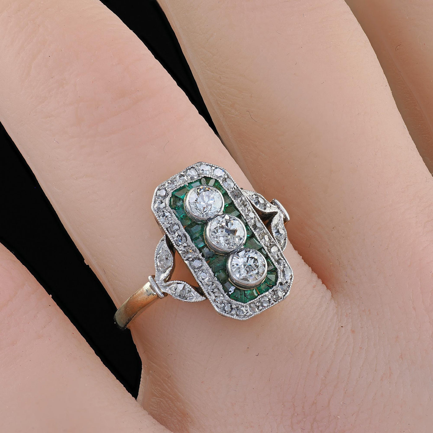 Antique Edwardian 14K Gold and Platinum Old Cut Diamond Emerald Shield Ring