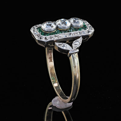 Antique Edwardian 14K Gold and Platinum Old Cut Diamond Emerald Shield Ring