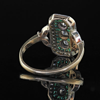 Antique Edwardian 14K Gold and Platinum Old Cut Diamond Emerald Shield Ring