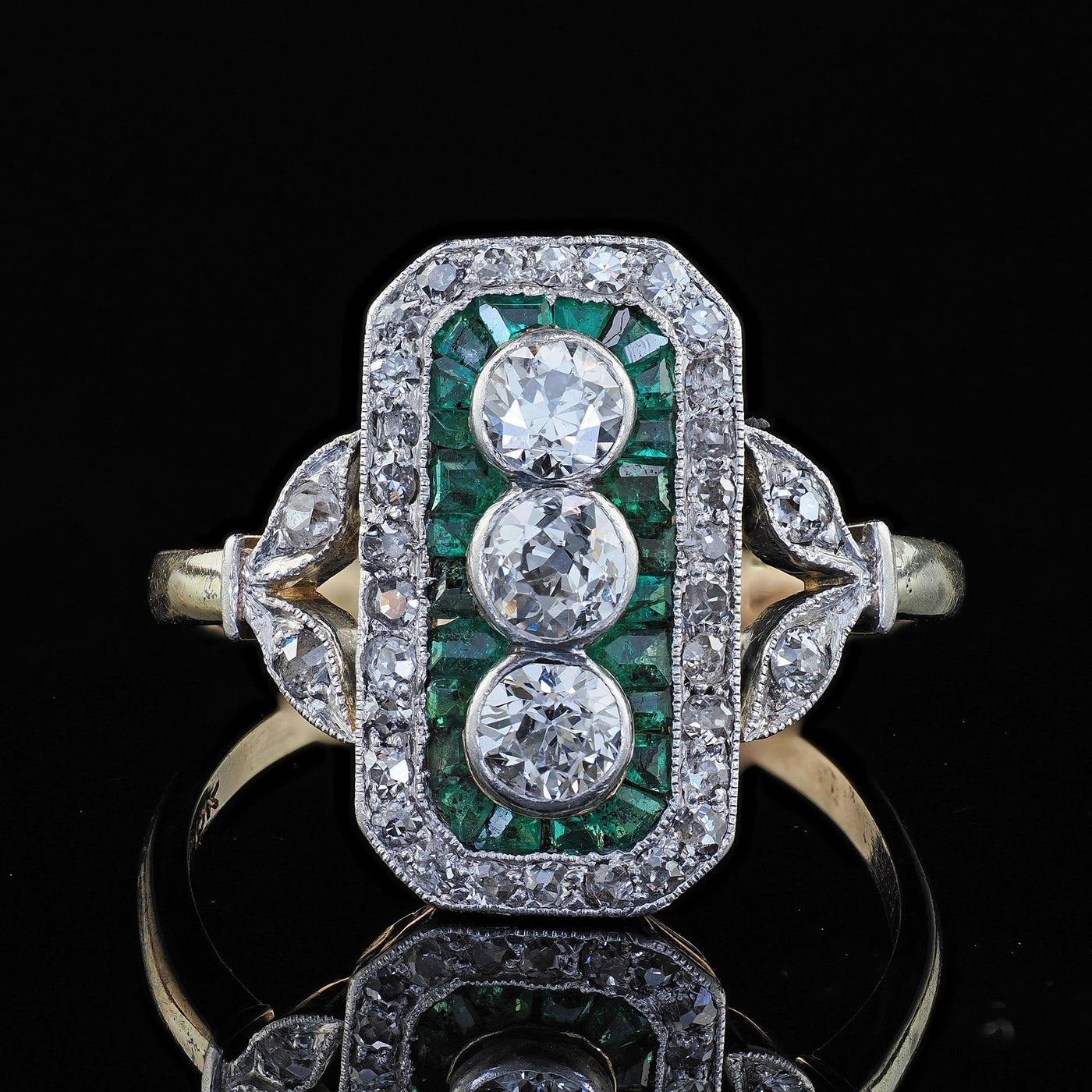 Antique Edwardian 14K Gold and Platinum Old Cut Diamond Emerald Shield Ring