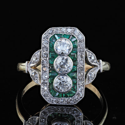 Antique Edwardian 14K Gold and Platinum Old Cut Diamond Emerald Shield Ring