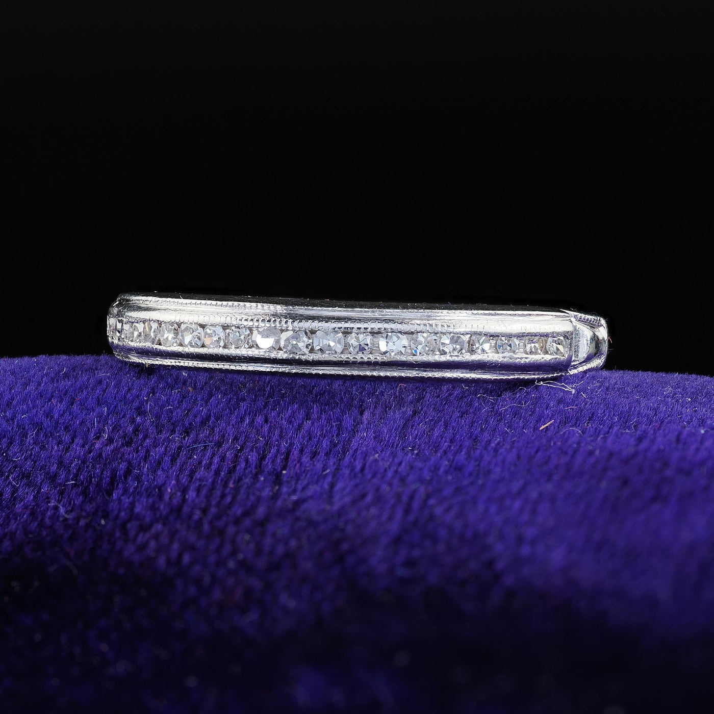 Antique Art Deco Platinum Single Cut Diamond Engraved Half Band Ring