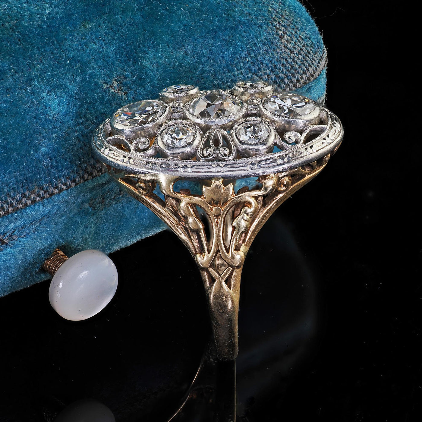 Antique Edwardian 14K Gold and Platinum Old Euro Diamond Filigree Cocktail Ring