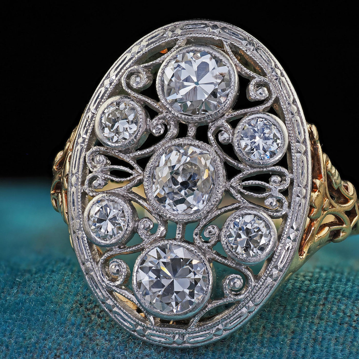 Antique Edwardian 14K Gold and Platinum Old Euro Diamond Filigree Cocktail Ring