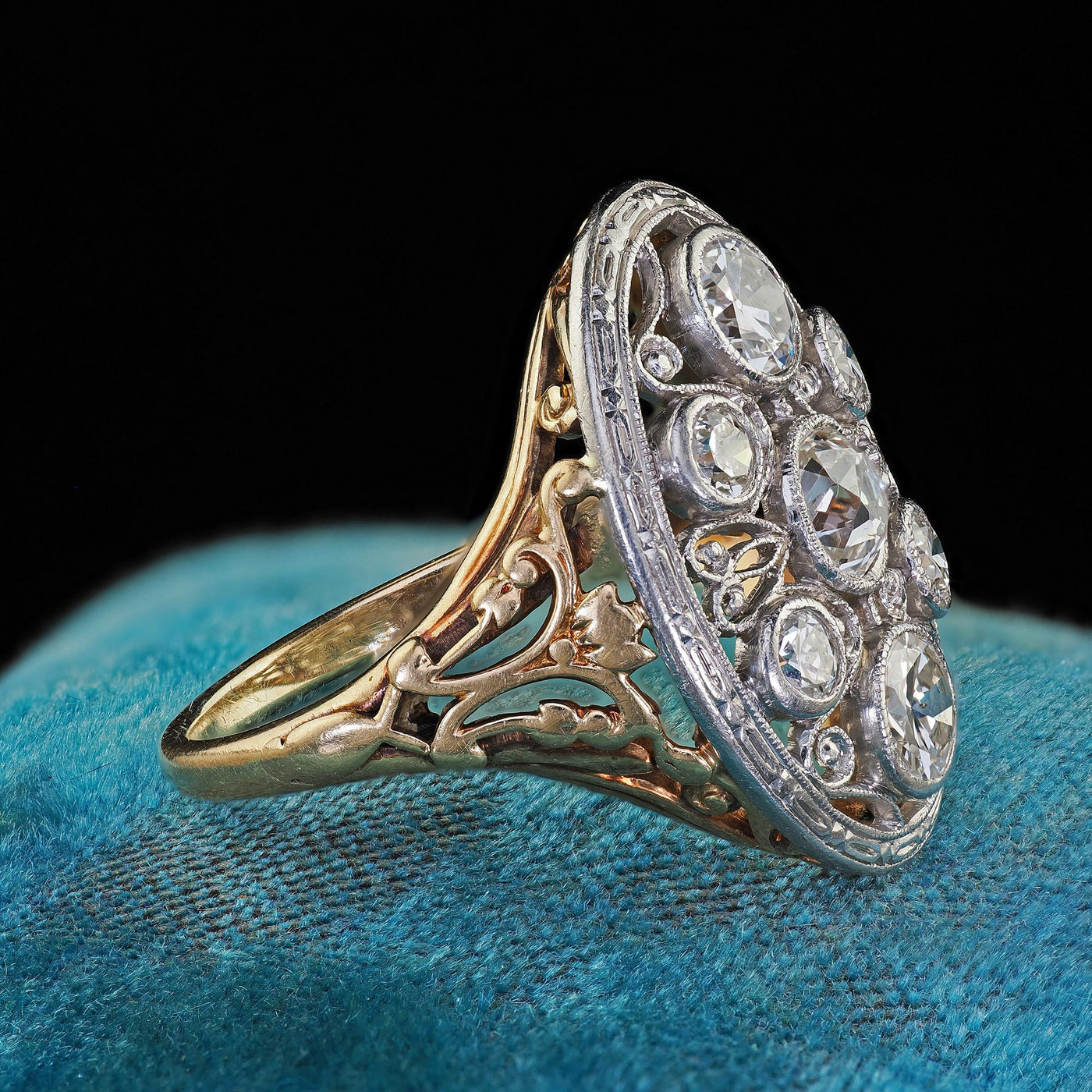 Antique Edwardian 14K Gold and Platinum Old Euro Diamond Filigree Cocktail Ring