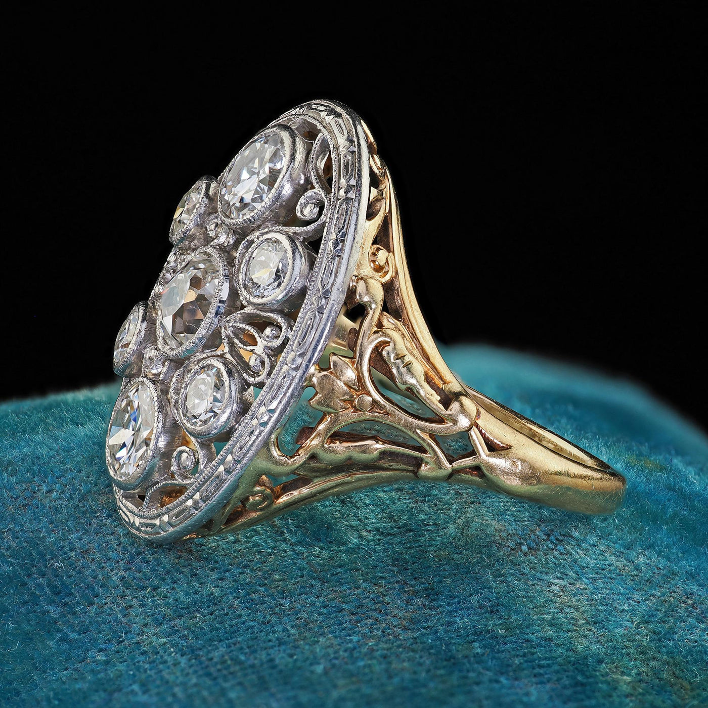 Antique Edwardian 14K Gold and Platinum Old Euro Diamond Filigree Cocktail Ring