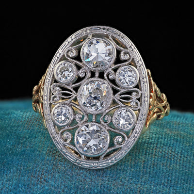 Antique Edwardian 14K Gold and Platinum Old Euro Diamond Filigree Cocktail Ring