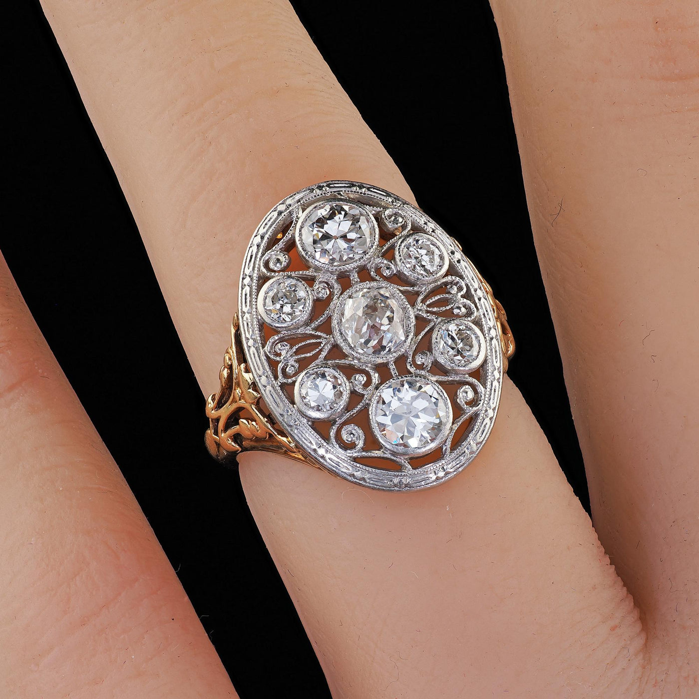 Antique Edwardian 14K Gold and Platinum Old Euro Diamond Filigree Cocktail Ring