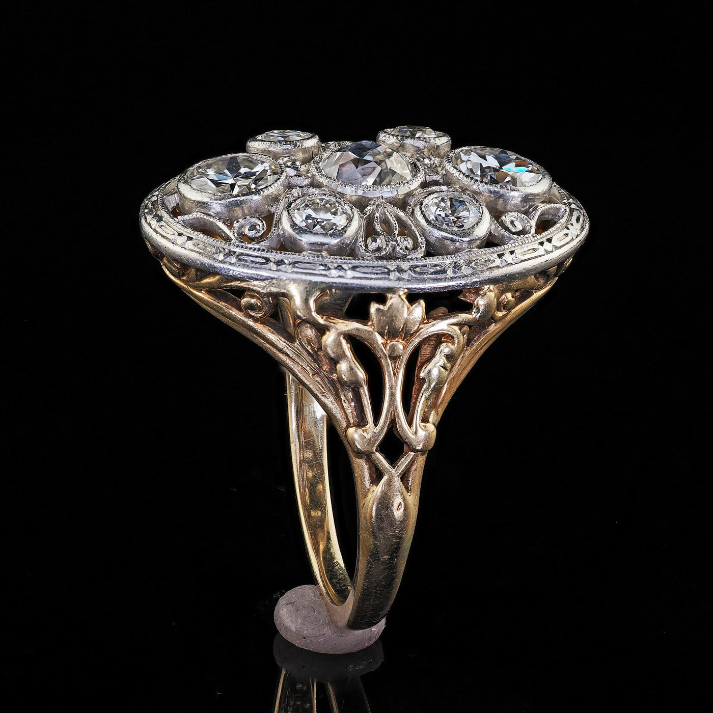 Antique Edwardian 14K Gold and Platinum Old Euro Diamond Filigree Cocktail Ring