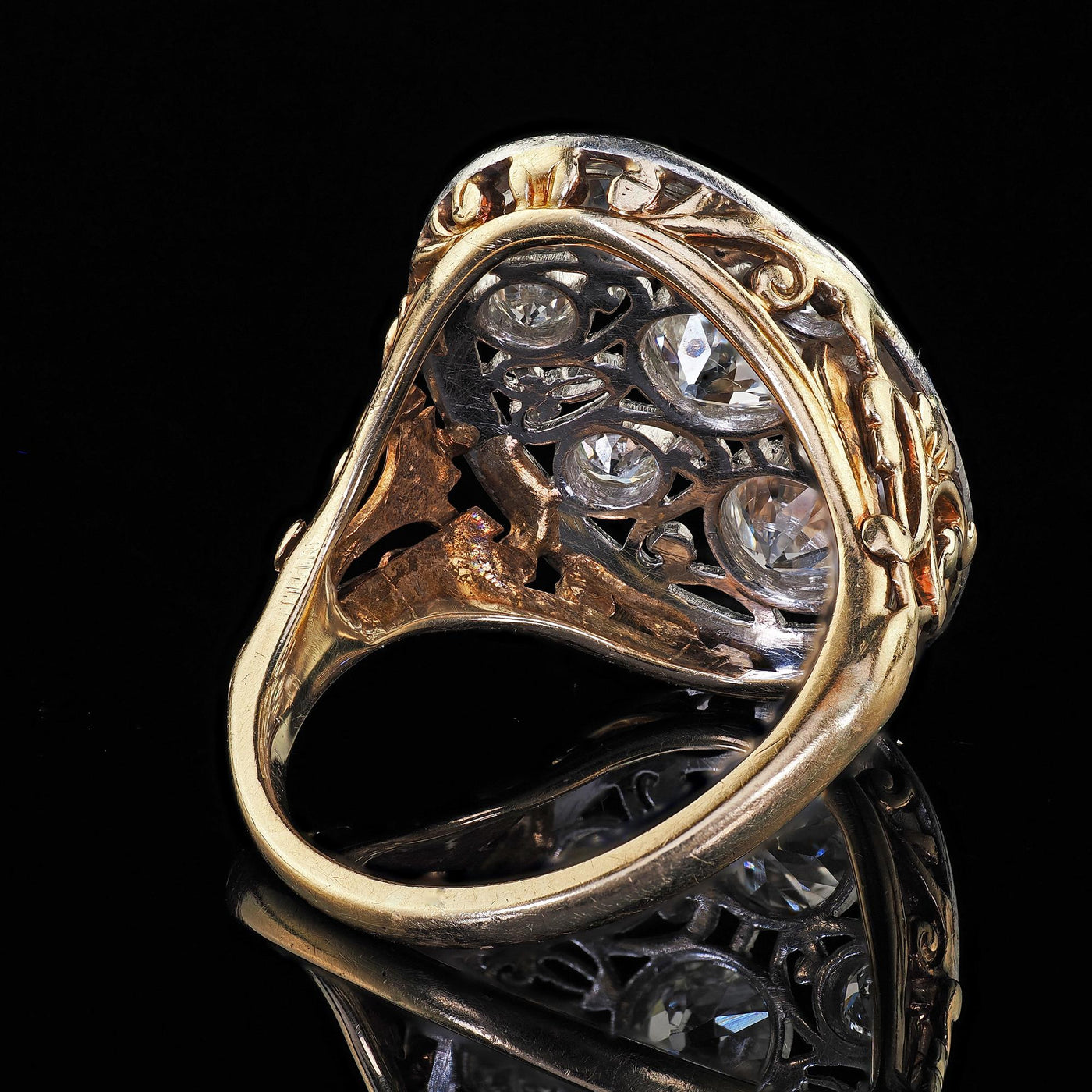 Antique Edwardian 14K Gold and Platinum Old Euro Diamond Filigree Cocktail Ring