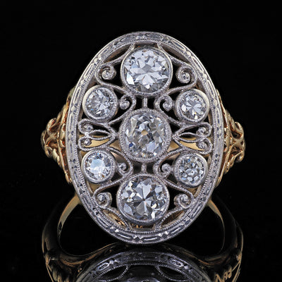 Antique Edwardian 14K Gold and Platinum Old Euro Diamond Filigree Cocktail Ring