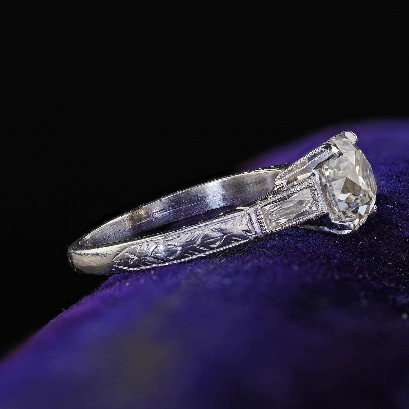 Antique Art Deco Platinum Old Mine Diamond French Cut Engagement Ring - GIA