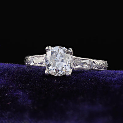 Antique Art Deco Platinum Old Mine Diamond French Cut Engagement Ring - GIA