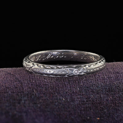 Antique Art Deco Platinum Engraved Wedding Band Circa 1932 - Size 4 1/4