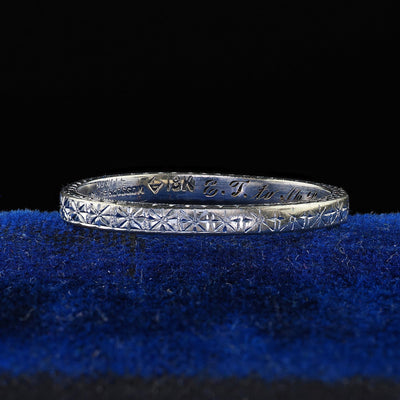 Antique Art Deco Orange Blossom 18K White Gold  Engraved Wedding Band Circa 1928