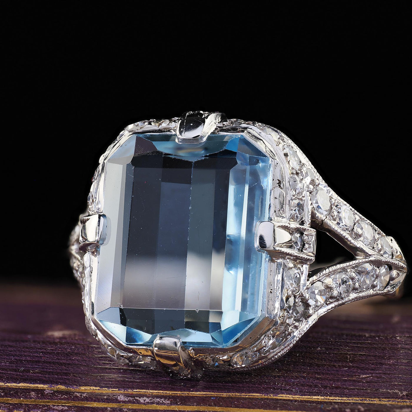 Antique Art Deco Platinum Aquamarine and Old Cut Diamond Ring