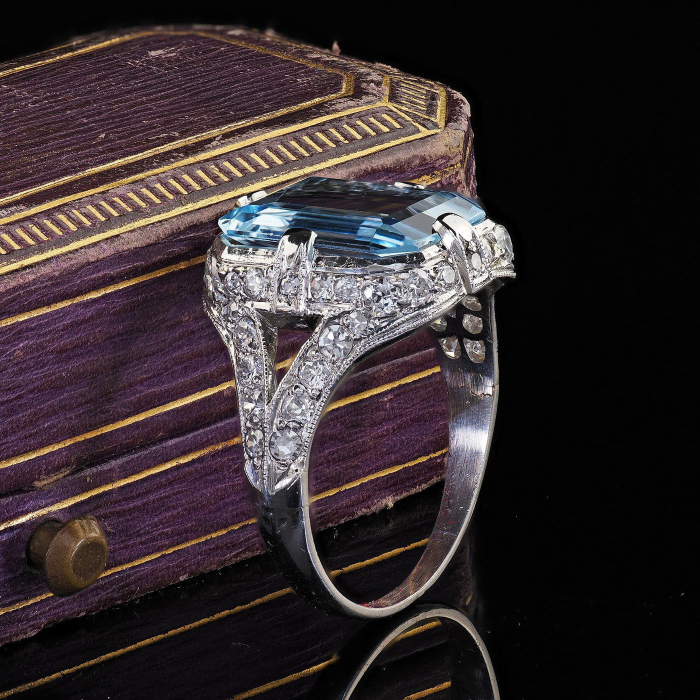 Antique Art Deco Platinum Aquamarine and Old Cut Diamond Ring