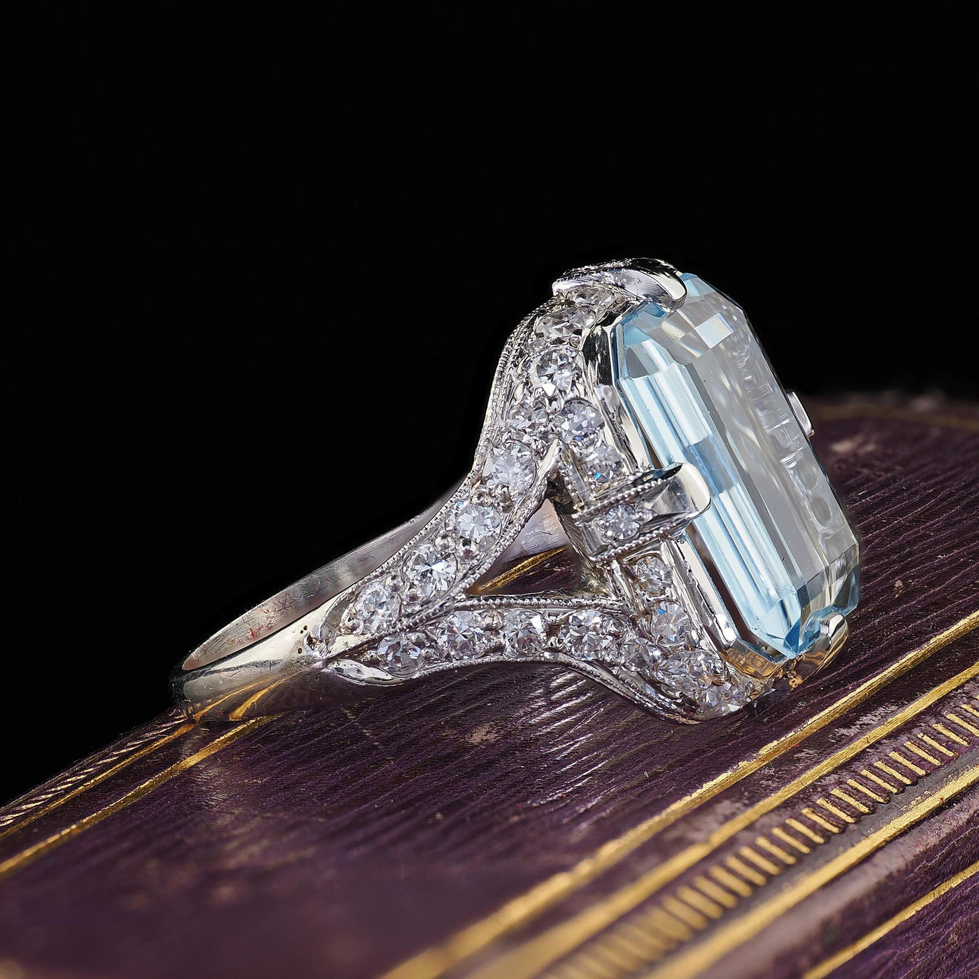 Antique Art Deco Platinum Aquamarine and Old Cut Diamond Ring