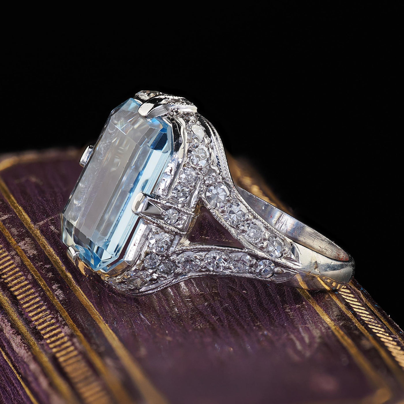 Antique Art Deco Platinum Aquamarine and Old Cut Diamond Ring