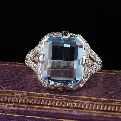 Antique Art Deco Platinum Aquamarine and Old Cut Diamond Ring