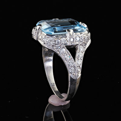 Antique Art Deco Platinum Aquamarine and Old Cut Diamond Ring