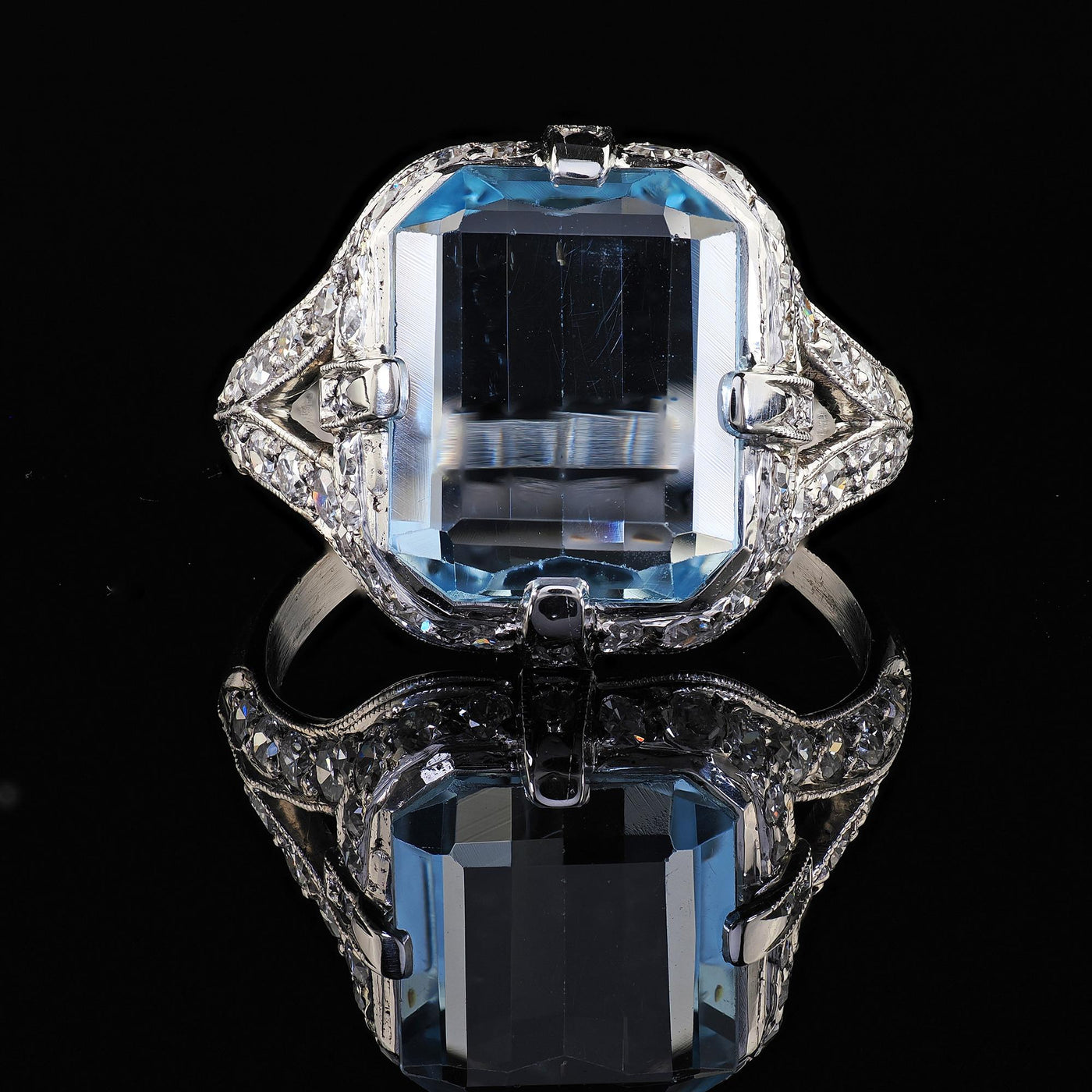 Antique Art Deco Platinum Aquamarine and Old Cut Diamond Ring