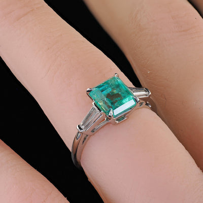 Antique Art Deco Platinum Colombian Emerald and Diamond Engagement Ring