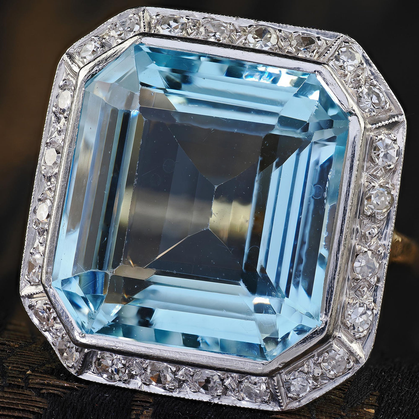 Antique Edwardian 14K Gold and Platinum Aquamarine and Diamond Cocktail Ring