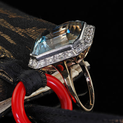 Antique Edwardian 14K Gold and Platinum Aquamarine and Diamond Cocktail Ring