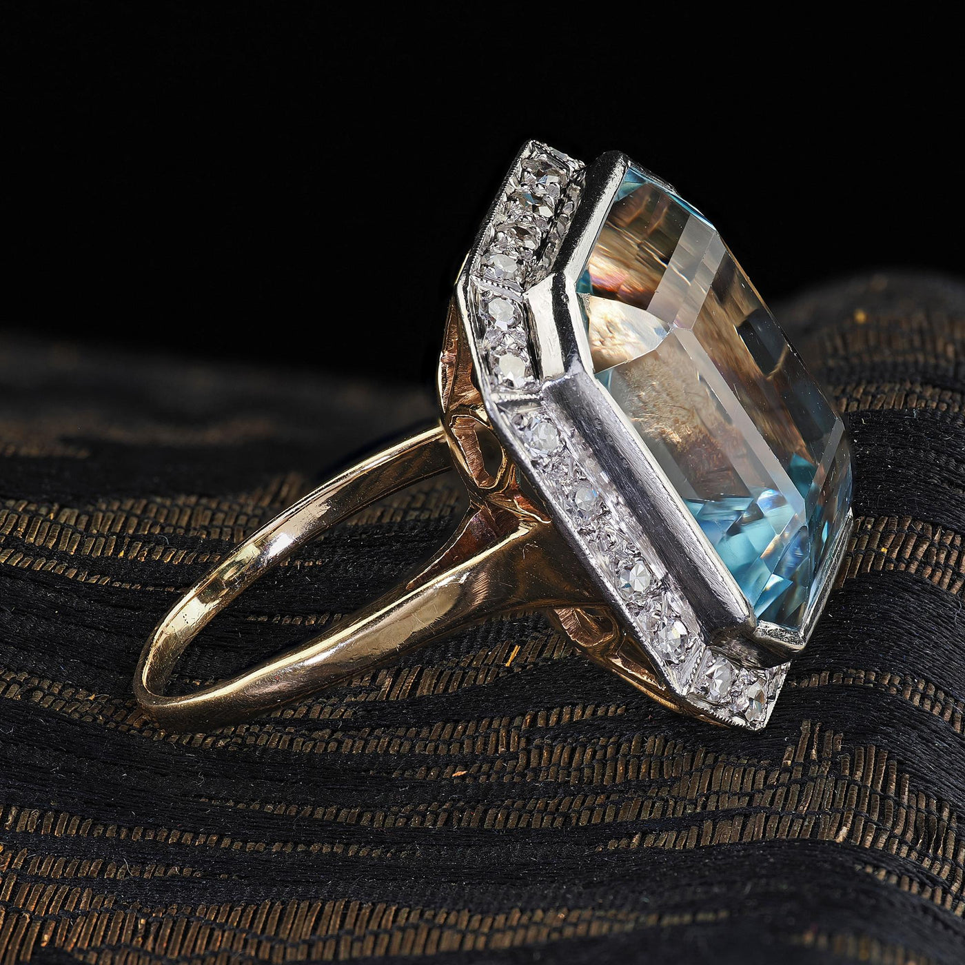 Antique Edwardian 14K Gold and Platinum Aquamarine and Diamond Cocktail Ring