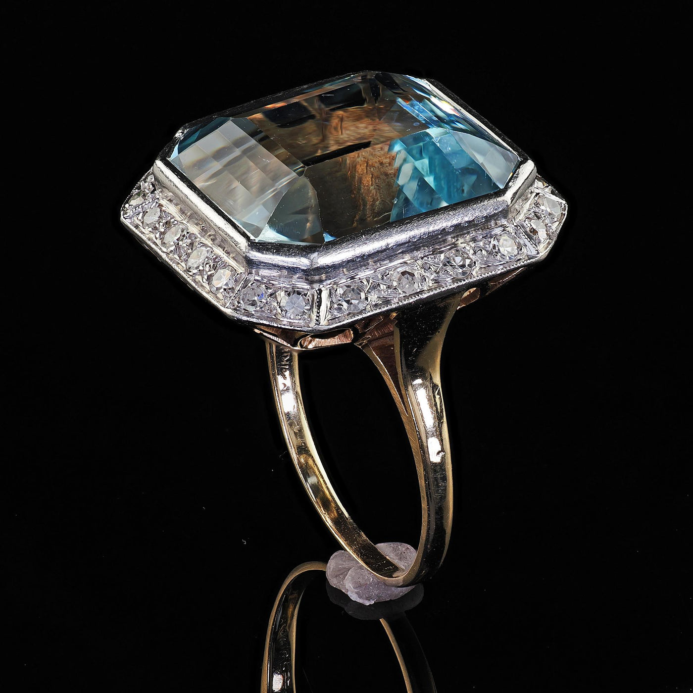 Antique Edwardian 14K Gold and Platinum Aquamarine and Diamond Cocktail Ring