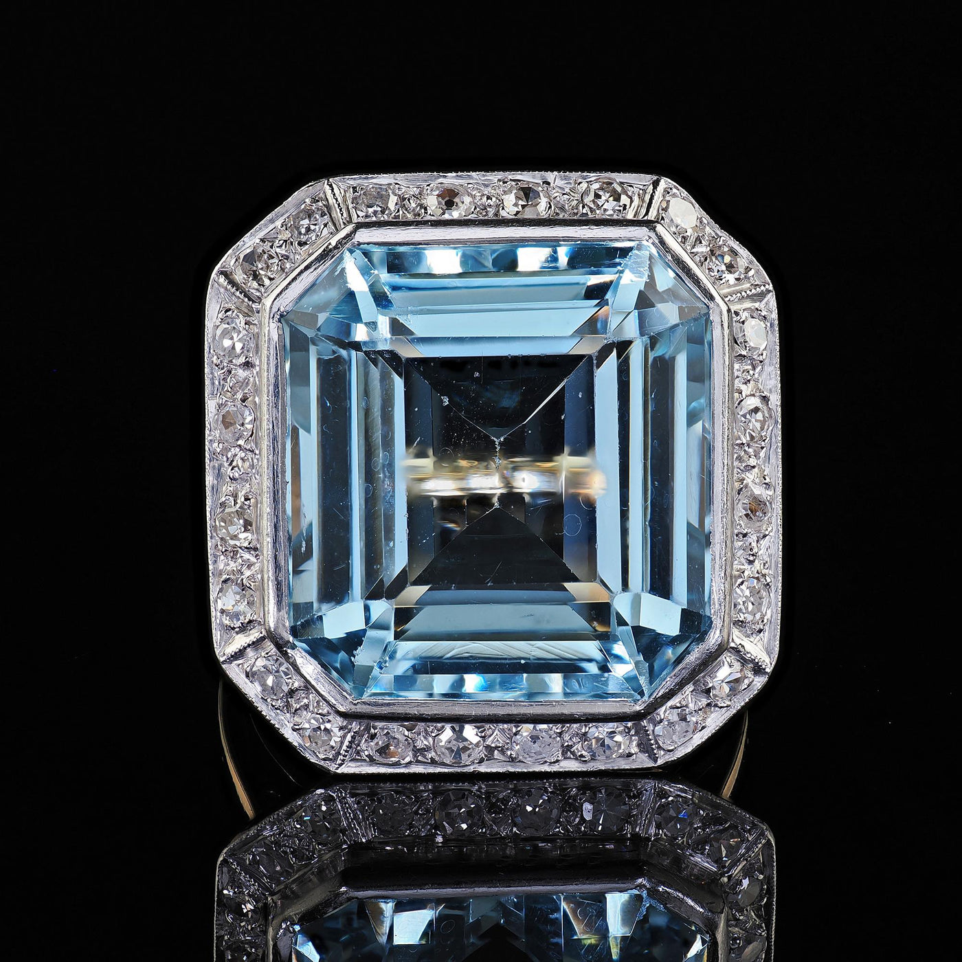 Antique Edwardian 14K Gold and Platinum Aquamarine and Diamond Cocktail Ring