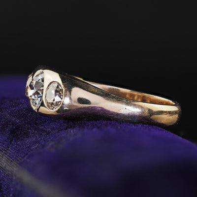 Antique Art Deco 10K Gold Old Euro Diamond Flush Set Three Stone Ring - GIA