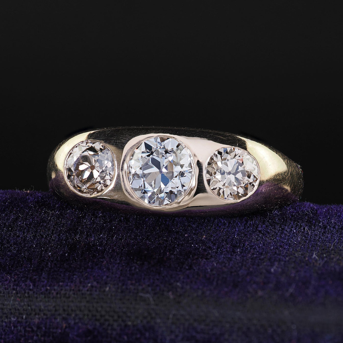 Antique Art Deco 10K Gold Old Euro Diamond Flush Set Three Stone Ring - GIA