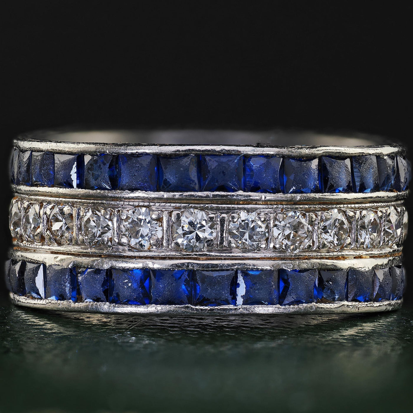 Antique Art Deco Platinum Sapphire and Diamond Wide Eternity Band - Size 5 1/4