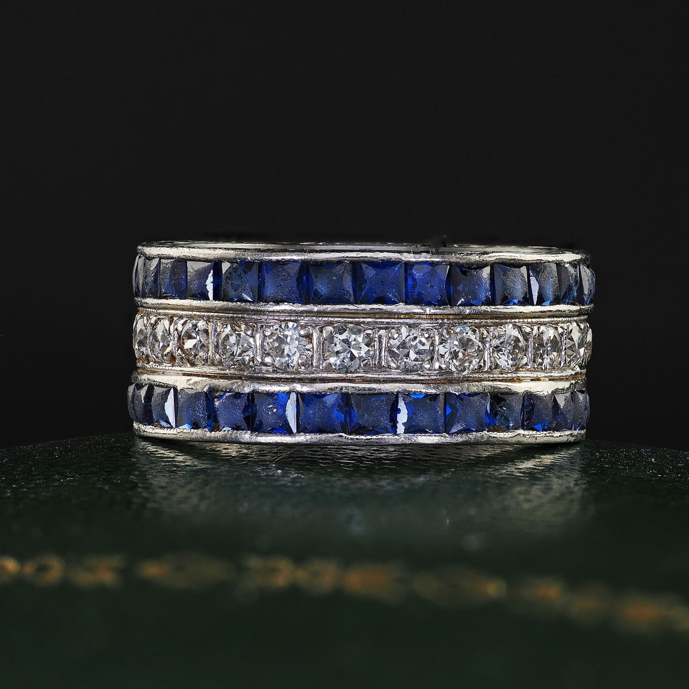 Antique Art Deco Platinum Sapphire and Diamond Wide Eternity Band - Size 5 1/4