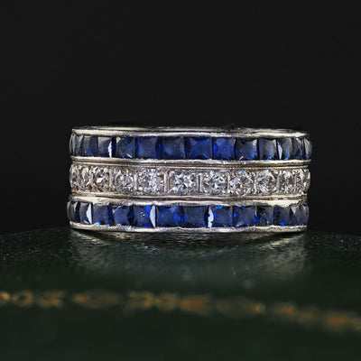 Antique Art Deco Platinum Sapphire and Diamond Wide Eternity Band - Size 5 1/4