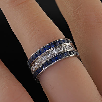 Antique Art Deco Platinum Sapphire and Diamond Wide Eternity Band - Size 5 1/4