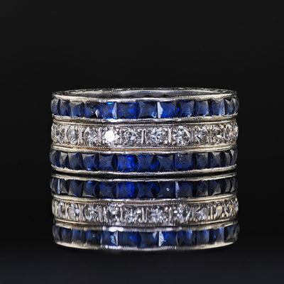 Antique Art Deco Platinum Sapphire and Diamond Wide Eternity Band - Size 5 1/4