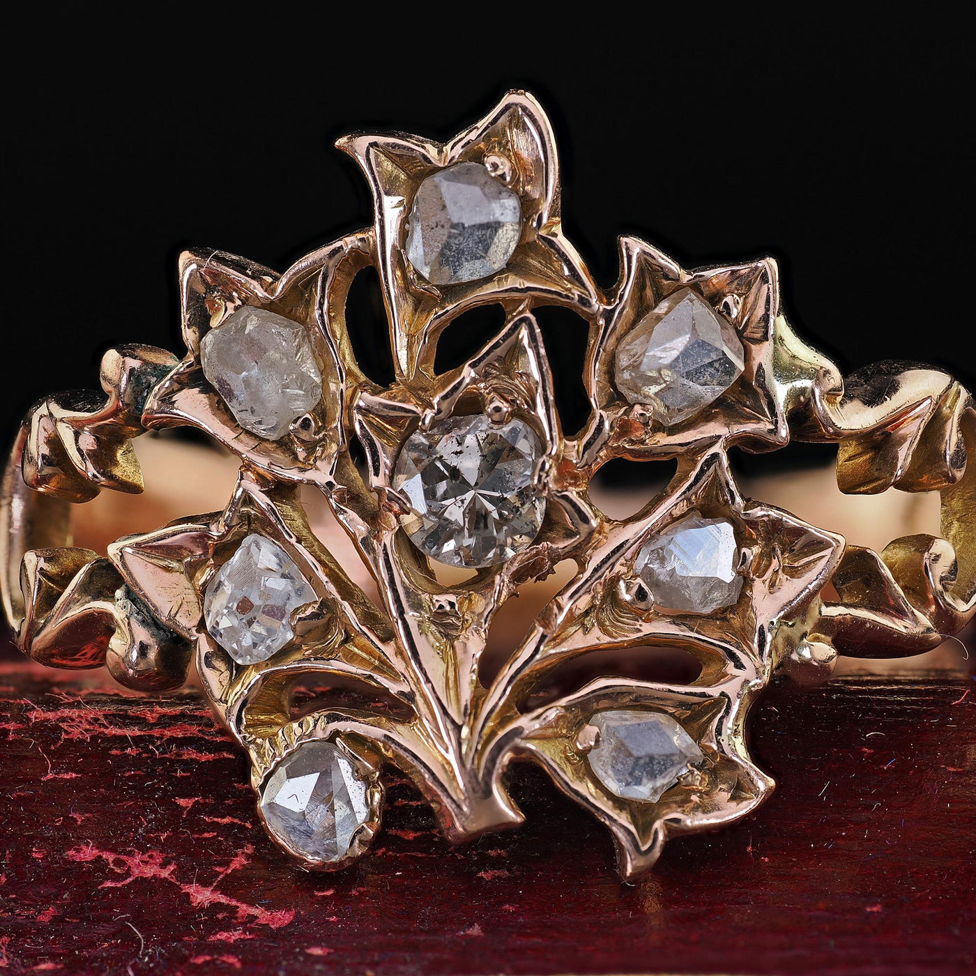 Antique Victorian 12K Rose Gold Old Cut Diamond Floral Cocktail Ring